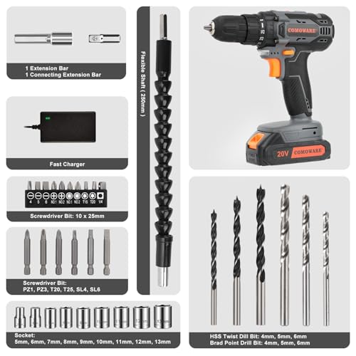 COMOWARE Cordless Drill Set, 20V Electric Power Drill Set,1 Battery & Charger, 3/8" Keyless Chuck, 2 Variable Speed, 266 In-lb Torque, 25+1 Position, Orange - color: Orange & Grey