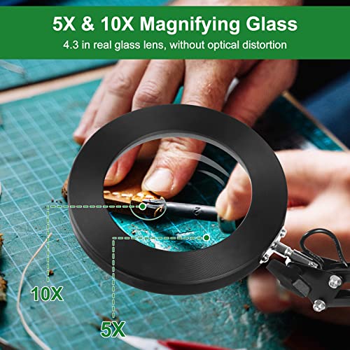 Magnifying Glass with Light and Stand, EOOKU Flexible Magnetic Helping Hand, 5X&10X 12V 108pcs LED Beads Magnifying Lamp, 3 Modes Adjustable Swivel Gooseneck Arms & Heavy Duty Base Plate