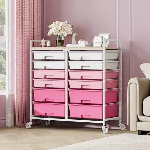 TOOLF 12 Drawers Rolling Storage Cart with Wooden Top for Classroom,Pink - color: Gradient Pink