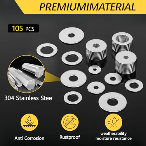 105 Pcs Flat Washers Assortment Kit Stainless Steel Flat Fender Metal Washers 12 Sizes M3 M4 M5 M6 M8 M10 M12 for Screws Bolts Various Home Factories Outdoor Projects - color: Silver Size:105Pcs