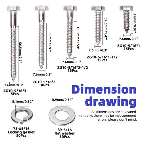 Glarks 150Pcs 5/16" 304 Stainless Steel Hex Lag Screws Assortment Kit Hex Lag Bolts with Flat Washers and Lock Washers Set for Fixing Metal, Wood, Plastic Materials - size: 5/16" Hex Lag Screws Set