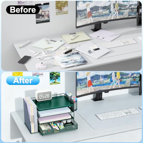gianotter Desk Organizers and Accessories with File Holder, 4-Tier Desk Accessories & Workspace Organizers with Drawer and 2 Pen Holder, Desk Reference Organizer (Green, 4T with Metal Drawer) - color: Green