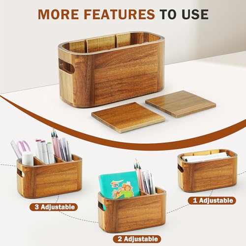 Acacia Pencil Pen Holder for Desk, Wooden Office Organizer with 3 Slots for Countertop, Makeup Brush Holder Remote Control Organizer for School Home Supplies