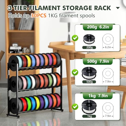 3-Tier 3D Filament Storage Rack - Heavy Duty Metal Spool Shelf for 30 Rolls
