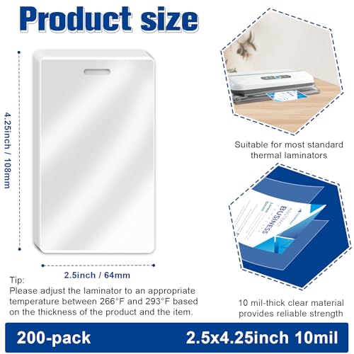 200 Pieces 10 Mil 2 1/2" x 4 1/4" Luggage Tag Laminating Pouches with Slot Hole Thermal Laminate Pouch Tags Kit Resealable for Work Permits Pass Cards Student ID Cards - size: 10 Mil-No Loops