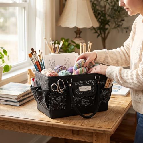 Everything Mary Deluxe Store & Tote Organizer – Black & White Floral Craft Bag with Handle – Collapsible Storage for Scrapbooking, Sewing, DIY Tools & Art Supplies - color: Black & White Floral, size: Large