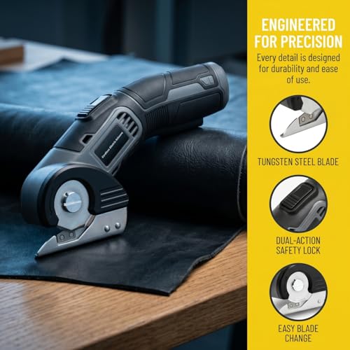 4V Cordless Electric Scissors, Lightweight Rotary Cutter with 2 Blades & USB Charging, for Cardboard Fabric Leather Carpet Plastic Rope Cutting, Safety Lock for Home DIY Craft Use