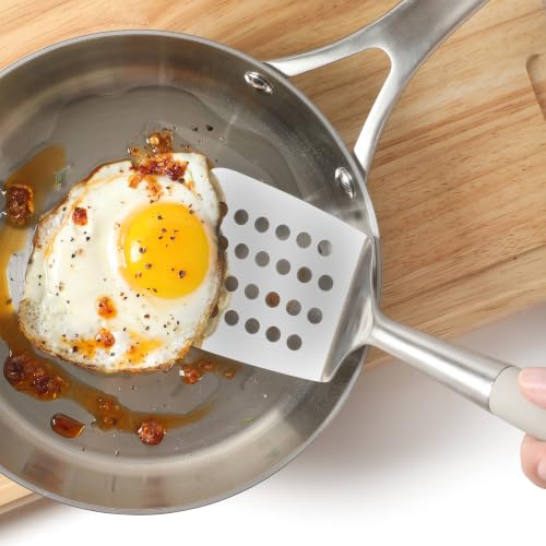 Calphalon Slotted Turner, Kitchen Flipping Spatula, Slotted Spatula, Stainless Steel Turner with Silicone Heat Resistance Handle, Nonstick-Safe Spatula for Draining and Flipping (Taupe) - color: Taupe I, size: Slotted Turner