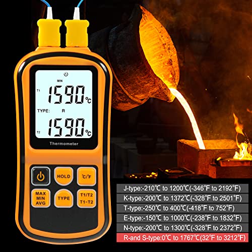 Digital Thermometer Pyrometer -400°F ~ 3200°F (-250°C ~ 1700°C), Professional Thermocouple Lab Thermometer with Dual Channel Thermometer Probe, K-Type Handheld High Temperature Thermometer Yellow - color: Yellow