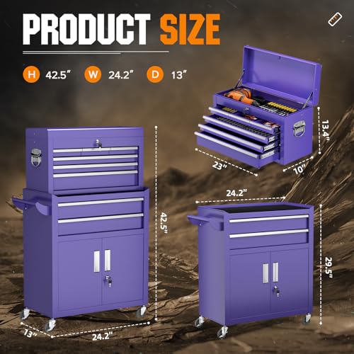 Oakcloud Lockable 8-Drawer Rolling Tool Chest & Cabinet Combo with Black Liner – Heavy-Duty Steel Garage Tool Box on Wheels – Detachable Top Toolbox & Bottom Storage Cart with Side Hooks, Purple - color: Purple, size: 8-Drawer