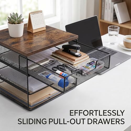 4-Tier Mesh Desk Organizer and Accessories with Drawer Wooden Top Desktop Organizers Letter Tray Paper Organizer File Holder for Home Office School Black - color: Black