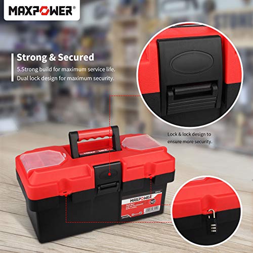 MAXPOWER Small Tool Box, 14-inch Plastic Tool Boxes with Handle - color: Red, size: 14”