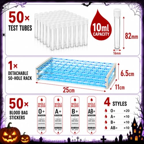 Havawish 50 Pcs Halloween Blood Type Kit 10ml Test Tubes with Rack Sticker