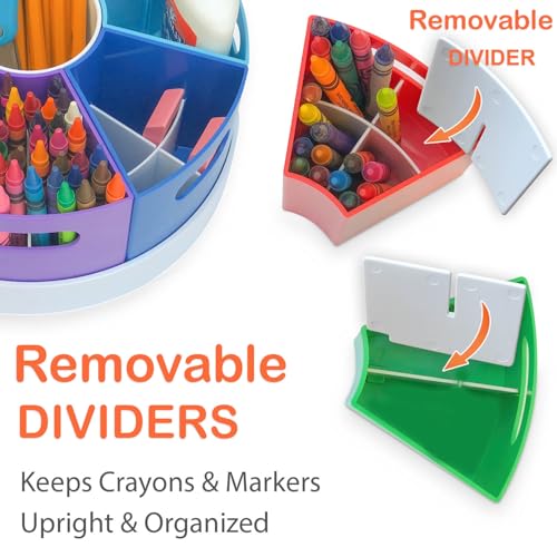 Kids Art Supply Storage Organizer with Dividers – 8.6" Rotating Lazy Susan Caddy for Crayons, Markers & Pencils - color: Rainbow