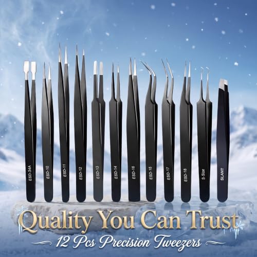 Antonki 12-in-1 Precision Metal Tweezers Set with Leather Case - color: Black