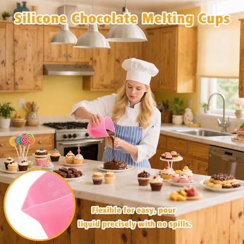Palksky Silicone Cups for Melting Chocolate, 4PCS Pink Silicone Measuring Cups with 1 Cup & 1.5 Cup Capacity, Reusable Baking Supplies for DIY Chocolate Molds, Melting Chocolate - size: Pink 1 Cup*2+1.5 Cup*2