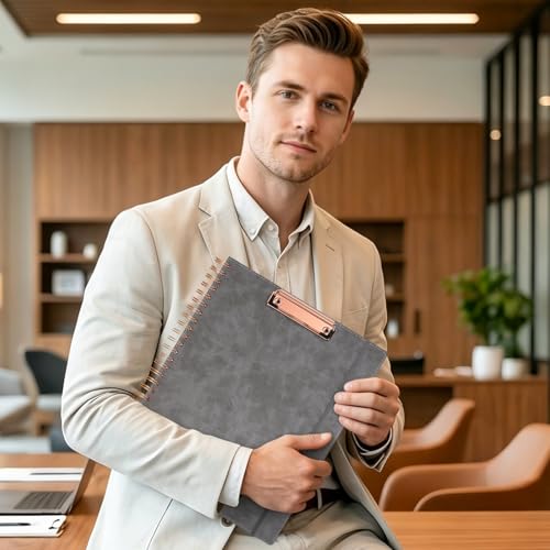 Ospelelf Grey Foldable Clipboard Folio with with Storage Zipper Pouch, Leather Spiral Clipboard Folder with Notepad, 5 Plastic Folders with 10 Pockets, 39 Divider Label Stickers, Pen Loop Series - color: Grey