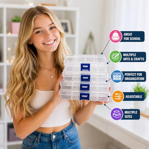 Clear Plastic Organizer Box Set (4 Pack) – Adjustable Dividers, Multi Size Storage Containers for Crafts, Beads, Fishing Tackle, Jewelry, Screws, Medication