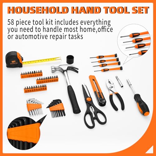58-Piece Household Tool Set for home with Plastic Toolbox Orange - color: Orange, size: 58-Piece