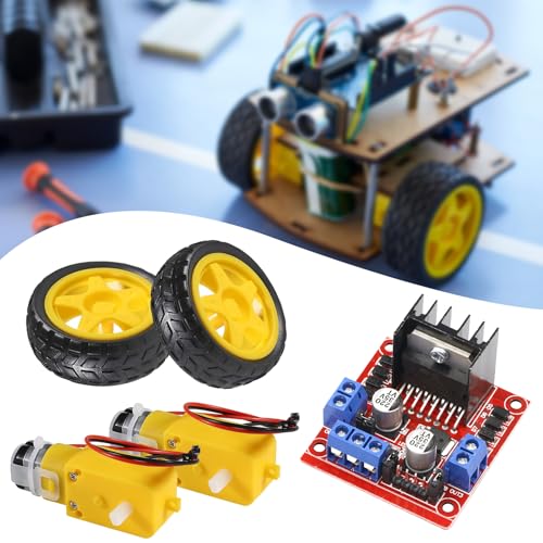 2 Set TT Motor with Leads, DC 3-6V Gearbox Motor Dual Shaft 200RPM Ratio 1:48 Motor with Tire Wheel Kit + 1pcs L298N Motor Drive Controller Board for Arduino DIY Smart Car Robot - style: Set