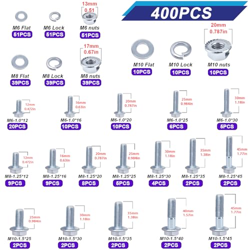Taiss 400PCS Metric Flange Bolt Assortment Kit,10.9 Grade M6x1.0/M8x1.25/M10x1.5 Bolts(12mm to 45mm) Assorted White Zinc Galvanized Hex Metric Nuts and Bolts Washers Set for Automotive - color: SV 400PCS Kit