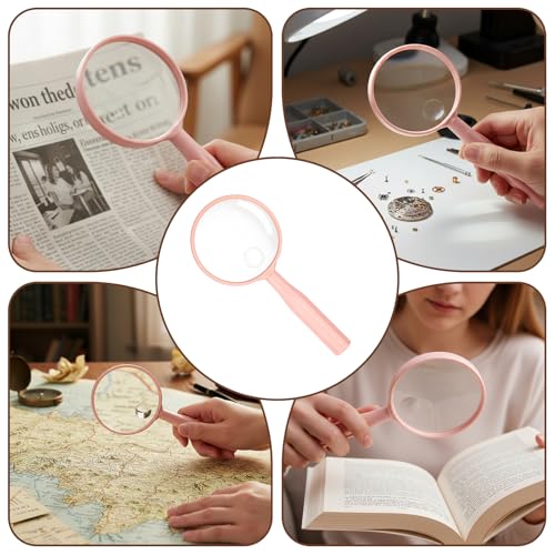 Handheld Reading Magnifier, 10X Large Magnifying Glass 3 Inch Shatterproof Lens with Non-Slip Handle for Seniors Reading, Close Work, Nature Exploration, Hobby Observation, Pink