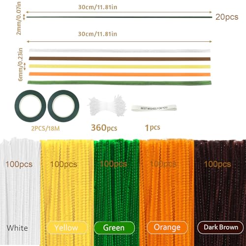 500 Pcs Pipe Cleaners Flower Kit,5 Colors Chenille Stems with Guide&Tools - color: Sunflower