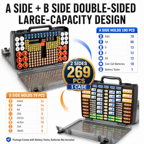 Battery Organizer Storage Case with Tester for 269 Batteries, Double Sides - color: Grey