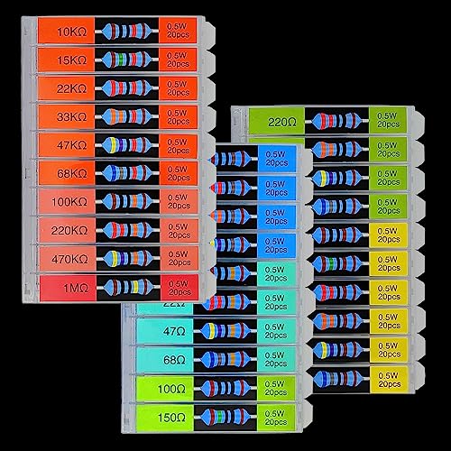 EEEEE 1/2W 30 Values 600pcs Individual Compartment 1 Ohm-1M Ohm with 1% Metal Film Resistor Assortment Kit and Electrical Industrial Assorted Set K Ohm Pack for Led Lights - style: 1/2 Watt 600pcs 1R-1M