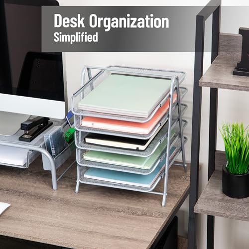Mind Reader 5-Tier Paper Tray Organizer, Vertical Desktop File Storage Rack, Office, Metal Mesh, Silver - color: Silver, size: 11.8" x 14" x 15"