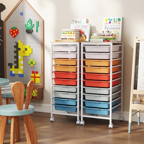 Giantex Rolling Storage Cart with 10 Drawers, Utility Cart w/Wooden Tabletop, Lockable Wheels, Multipurpose Organizer for Art Craft Books Paper, Drawer Carts for Dorm Classroom Office, Macaron - color: Macaron, size: 10 Drawer-13"x14.5"x33.5"