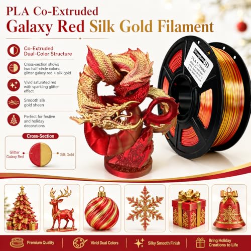 PLA Filament 1.75mm, Co-Extruded Galaxy Metallic Red Silk Gold 3D Printer Filament, Dual Color Silk PLA Filament with Glitter Sparkle, Festive Christmas Decorative Filament,1kg - color: Pla_duex_goldred