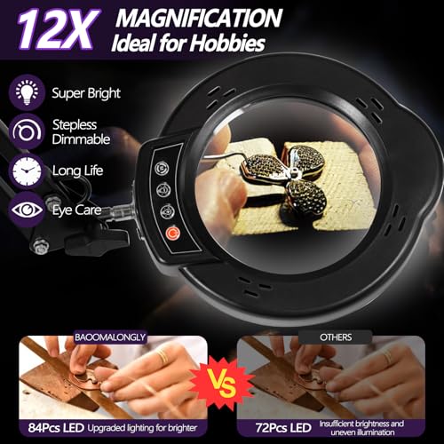 12X Magnifying Glass with Light and Stand, 5 Color Modes 10 Stepless Dimmable, Real Glass 84 LED Lighted Magnifying Glass with Swing Arm, Magnifying Lamp for Crafts Reading Painting Sewing Close Work - color: Black00