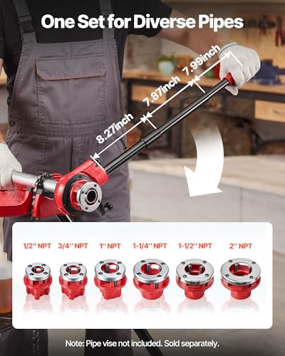 VEVOR Ratchet Pipe Threader Kit with 6 Dies, 1/2" NPT to 2" NPT Manual Ratcheting Pipe Threading Tool, Portable Pipes Threader Set with Toolbox for Plumbing Installation & Repair - size: 1/2" - 2"