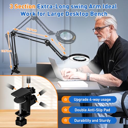 Ultra Long 3-Section Swing Arm 12X 30X Magnifying Glass with Light