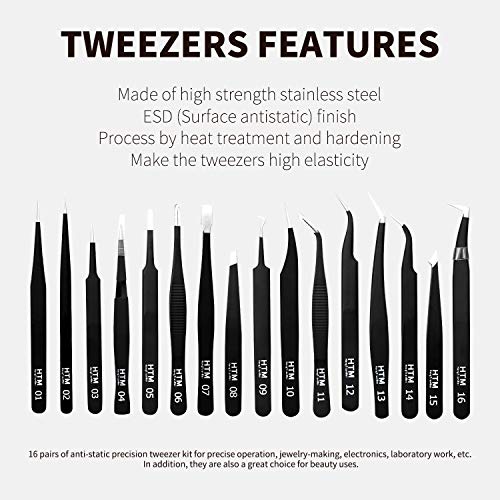 16 Pcs Sharp Precision Tweezers Set,Including 16 Types Of Anti-Static Stainless Steel Esd Medical Tweezers for Craft,Jewelry,Electronics Soldering,Laboratory Work,And Used for Beauty Etc - size: 16PCS