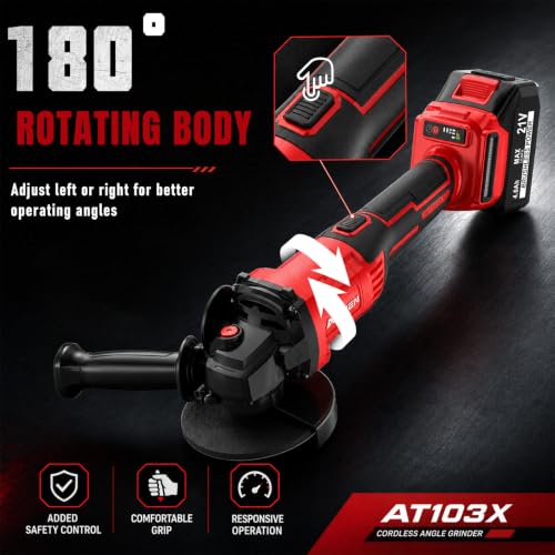 AOBEN 21V Cordless Angle Grinder 4-1/2 Inch, Power Brushless Cut Off Tool Kit, with 180° Rotating Body, Paddle Switch, 2x4.0Ah Battery & Charger, for Metal Cutting, Grinding, Polishing