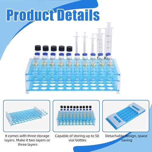 Vial Holder, Insulin & Peptide Vial Storage, 50 Slots Vial Rack Fits 2ml, 3ml, 5ml and 8ml Vials, 3 Storage Layers, Detachable, Φ15mm & Φ18mm, Suitable for Peptide, Pen Ink Vials, Test Tubes, Perfume