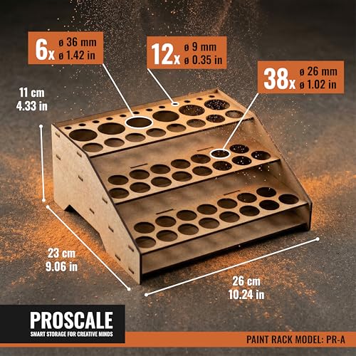 PROSCALE Paint Rack Organizer for Miniature & Model Paints Tabletop Paint Stand with 26mm & 36mm Holes Brush & Tool Holder Artist Room Compatible with Vallejo, Army Painter, AK (Module A) - color: Paint rack A