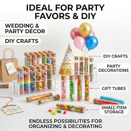 Plastic Test Tubes with Cork Stoppers, 60 PCS Clear 35 mL Test Tube Set, 0.8 x 5.9 in Round Bottom Tubes for Bath Salt, Candy, Beads, Powder, Party Favors and Lab Storage