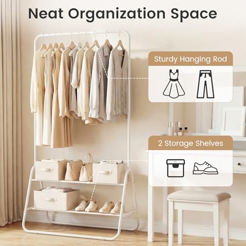 GIANTEX Heavy Duty Clothes Rack, Metal Garment Rack with Storage Shelves - color: White