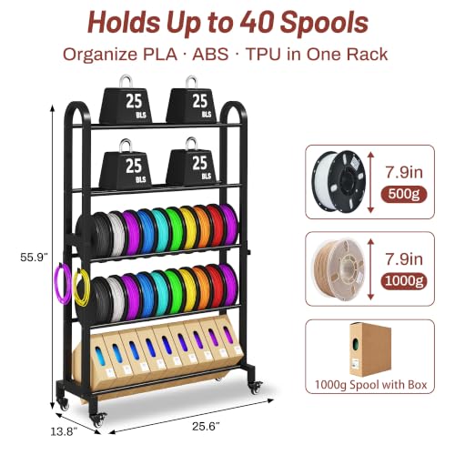3D Printer Filament Storage Rack with Wheels, 5-Tier Adjustable Metal Shelf Holds 40 Spools, Mobile Filament Organizer with Hooks for PLA ABS TPU, 3D Printing Workspace & Studio - color: Black - 5-tier, size: Large