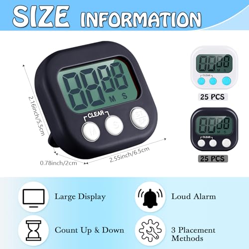 Xuhal 50 Pieces Digital Kitchen Timer Bulk, Small Magnetic Timers for Classroom, Digits Stopwatch Clock Timer for Cooking Baking Sports Games Office, Not Including Battery (Black,White) - color: Black,white