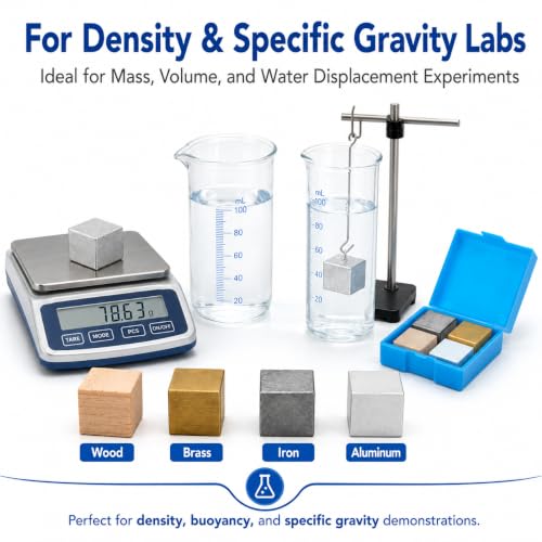 Baluue STEM Density Cube Set 4-Pack 20mm Brass, Iron, Aluminum & Wood Blocks for Archimedes Principle & Specific Gravity Labs School & Classroom Science Kit