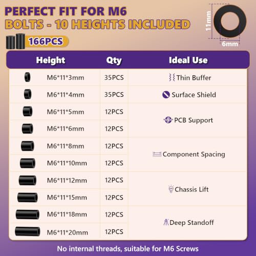 166Pcs M6 Black Nylon Spacers Kit, 3-20mm for M6 Screws Bolts - size: 166PCS M6*(3-20mm)