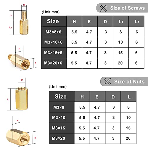 260Pcs M3 Male-Female Brass Thread Hex Standoff Spacer Screws and Nuts Assorted Kit,Threaded Pillar PCB Motherboard Assortment Kit for DIY Computer Build, Circuit Board - size: M3 Male-Female Spacer 260pcs