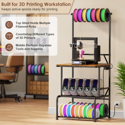 3D Printer Stand with Filament Storage, Large 3D Printer Table Filament Organizer with Spool Holder, Heavy Duty Printer Rack Workstation for 2 Printers, Filament Spools and Tools