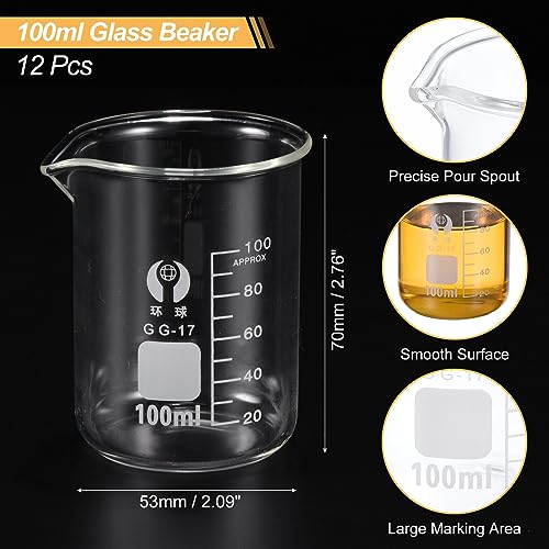 PATIKIL 100ml Low Form Glass Beaker, 12 Pack 3.3 Borosilicate Glass Graduated Printed Scale Measuring Cups with Spout for Kitchen Lab Liquids - size: 100ml