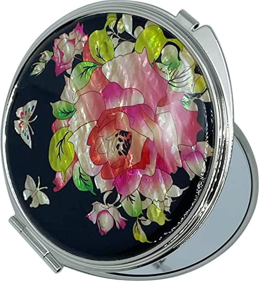 Portable Makeup Compact Double Magnifying Mirror Cosmestic Foldable Pocket Style Unique Mother of Pearl Design (Rose) - color: Rose