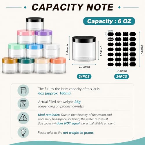 24 Pack 6 oz Clear PET Cosmetic Jars with Black Lids and Labels for Creams - color: Amber with Black Lid, size: 6 oz
